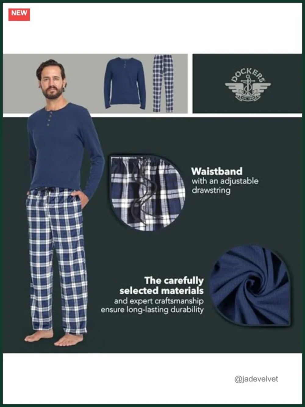 Men's Long Sleeve Henley & Plaid Pajama Set, Cotton Blend Lounge Sleepwear